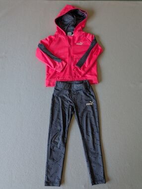 Puma Neon Pink Grey Athletic Hoodie Sweatshirt Legging Set Sz 5 Geometric Print